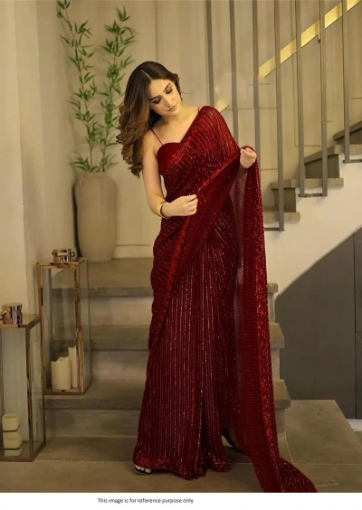 Bollywood Model Maroon georgette sequins embroidered saree