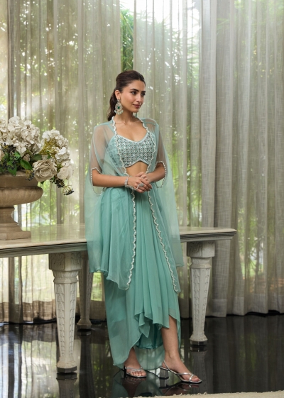 Indian wedding organza crop top cape suit in sea green colour 2748