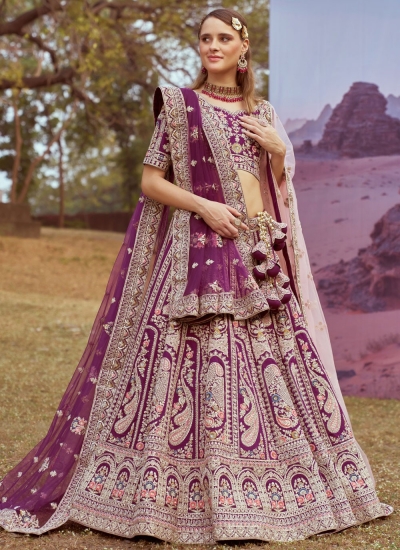 Purple Silk embroidered bridal lehenga choli with double dupatta