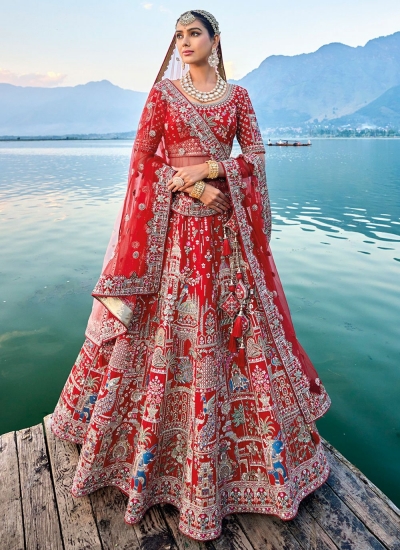 Traditional Bridal Red Silk embroidered lehenga choli AA134