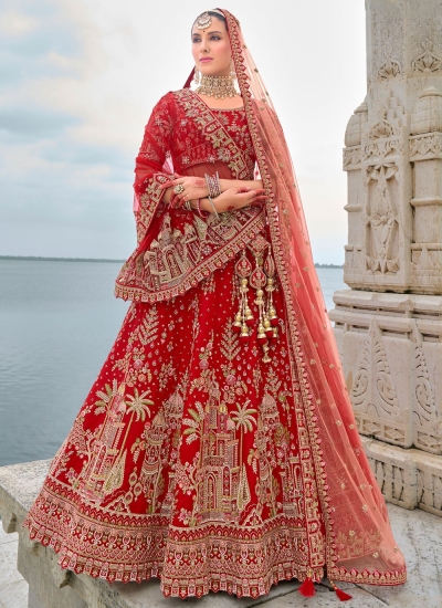 Traditional Bridal Red Silk embroidered lehenga choli AA143