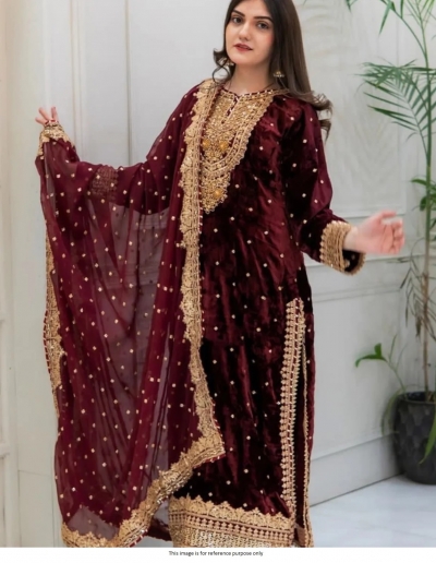 Bollywood Model Velvet heavy embroidery work Maroon suit