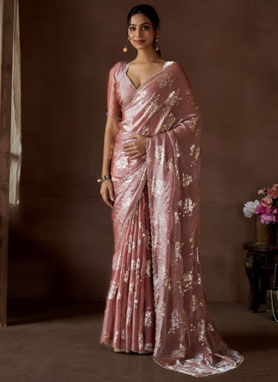 Onion Pink Satin silk foil work wedding saree with blouse 1012B