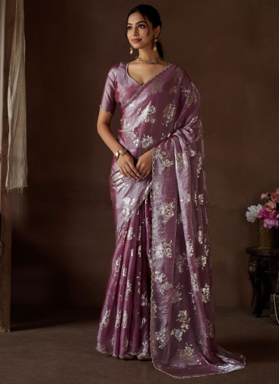 Purple Satin silk foil work wedding saree with blouse 1012D