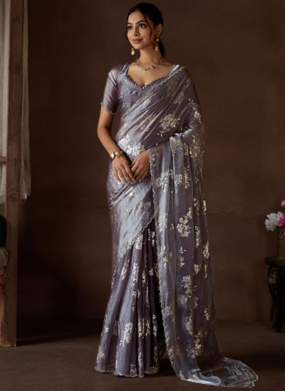 Greyish Purple Satin silk foil work wedding saree with blouse 1012E