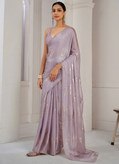 Lavender Satin silk foil work wedding saree with blouse 1021A