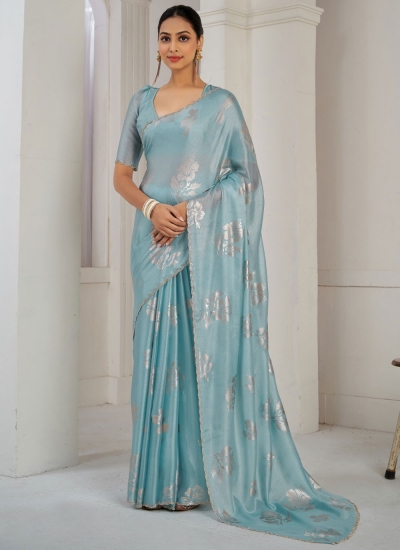 Sea blue Satin silk foil work wedding saree with blouse 1021D