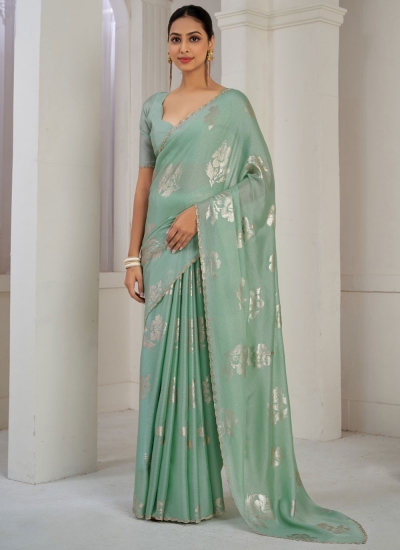 Sea green Satin silk foil work wedding saree with blouse 1021E