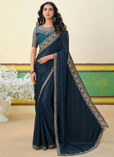 Teal blue Shimmer georgette sequins embroidered wedding saree with blouse 1001