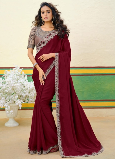 Maroon Shimmer georgette sequins embroidered wedding saree with blouse 1002
