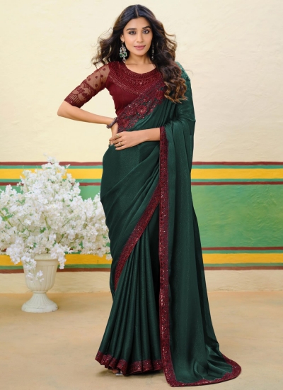 Green and red Shimmer georgette sequins embroidered wedding saree with blouse 1003
