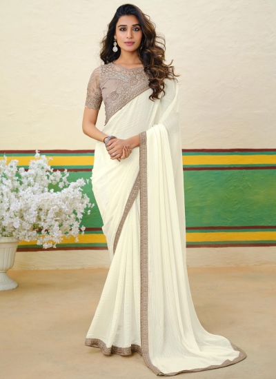 White Shimmer georgette sequins embroidered wedding saree with blouse 1008