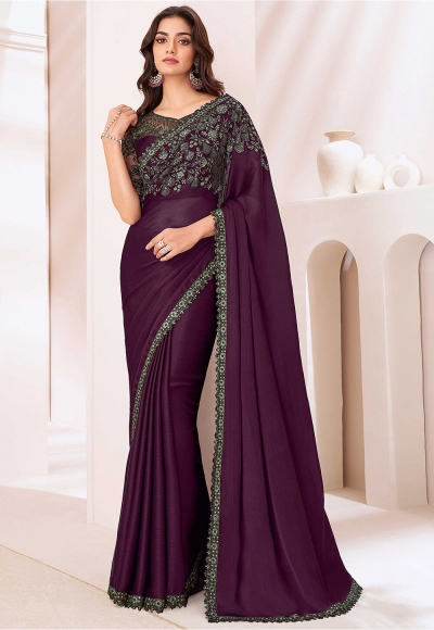 Purple satin chiffon sequins embroidered wedding saree with blouse 1309A