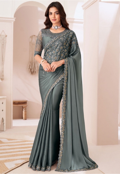 Grey satin chiffon sequins embroidered wedding saree with blouse 1307D