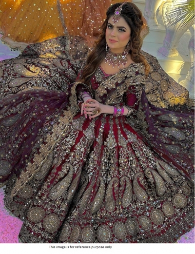 Bollywood Model Maroon velvet heavy bridal lehenga choli
