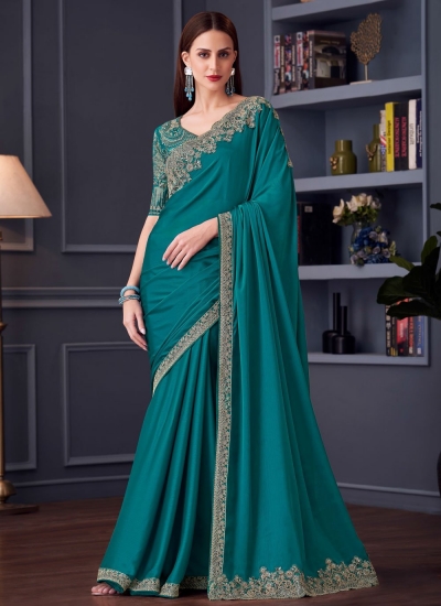 Teal green silk chiffon sequins embroidered wedding saree with blouse 30002