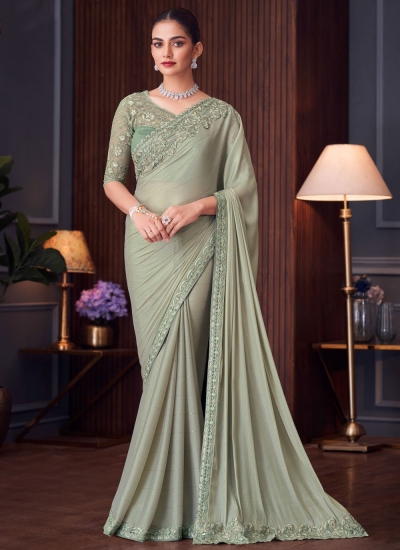 Mint green silk sequins embroidered wedding saree with blouse 30003