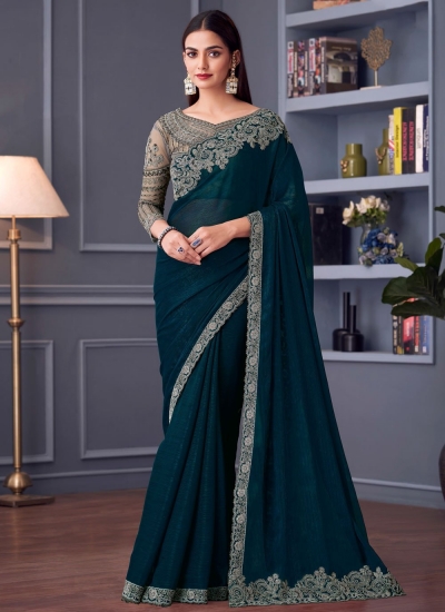 Teal blue silk chiffon sequins embroidered wedding saree with blouse 30005