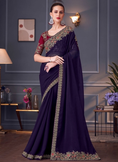 Purple and Red sparkle georgette sequins embroidered wedding saree with blouse 30006