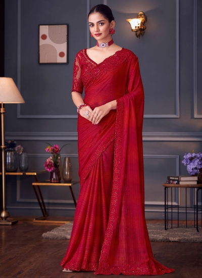 Red glitter silk sequins embroidered wedding saree with blouse 30009