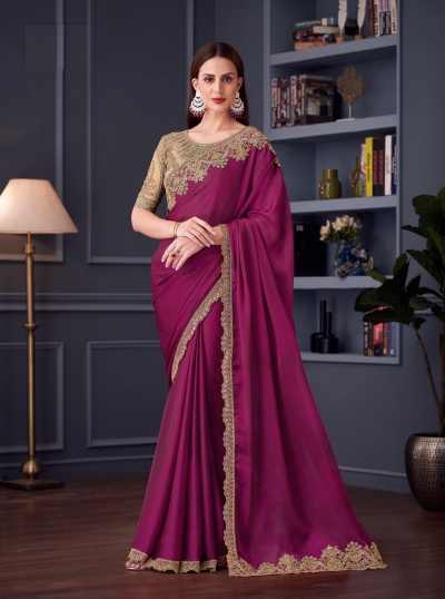 Magenta satin chiffon sequins embroidered wedding saree with blouse 30012