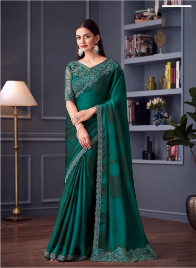 Teal green satin chiffon sequins embroidered wedding saree with blouse 30013