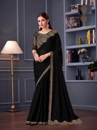 Black satin chiffon sequins embroidered wedding saree with blouse 30015