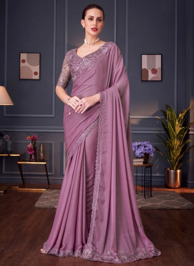 Mauve Pink shimmer silk sequins embroidered wedding saree with blouse 30014