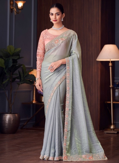 Powder blue satin georgette sequins embroidered wedding saree with blouse 30017