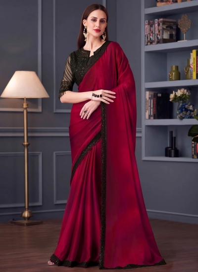 Pinkish Red satin chiffon sequins embroidered wedding saree with blouse 30018