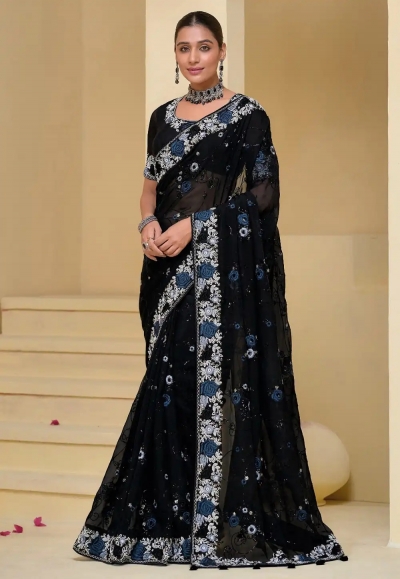 Black banarasi tuscany  embroidered wedding saree with blouse 7505