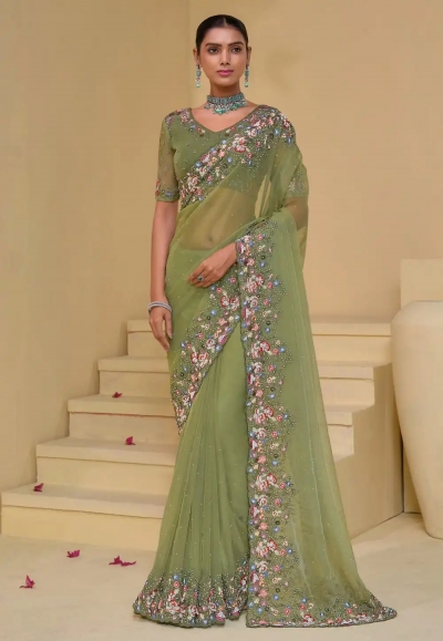 Pista green banarasi tuscany  embroidered wedding saree with blouse 7507