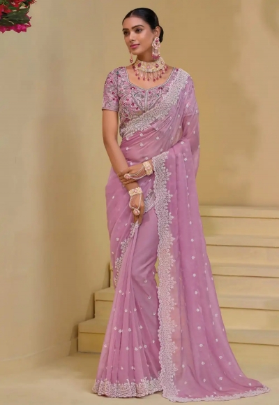 Pink banarasi tuscany embroidered wedding saree with blouse 7508