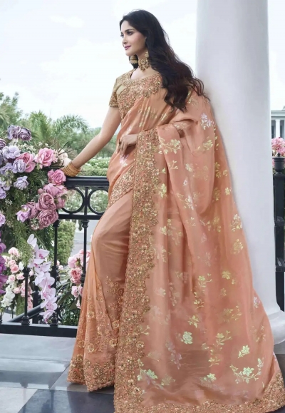 Peach tissue silk embroidered wedding saree with blouse 8401