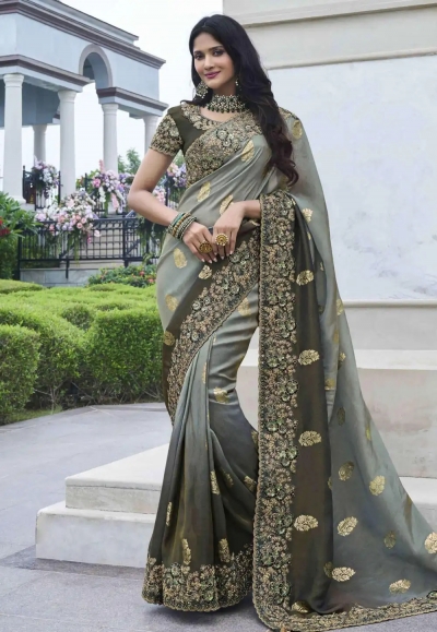 Green shaded tissue silk embroidered wedding saree with blouse 8409