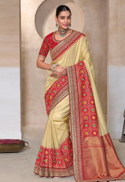 Yellow and red kanjivaram silk embroidered patola wedding saree with blouse 11004A