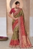 Olive green and red kanjivaram silk embroidered patola wedding saree with blouse 11004B