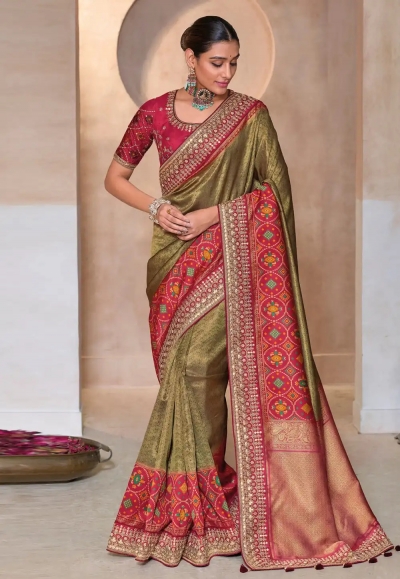 Olive green and red kanjivaram silk embroidered patola wedding saree with blouse 11004B