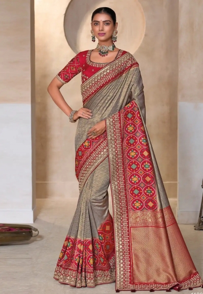 Grey and red kanjivaram silk embroidered patola wedding saree with blouse 11004D