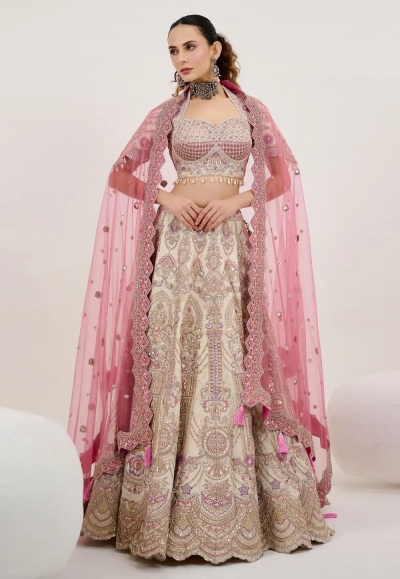 Beige tussar silk lehenga choli for wedding 1060
