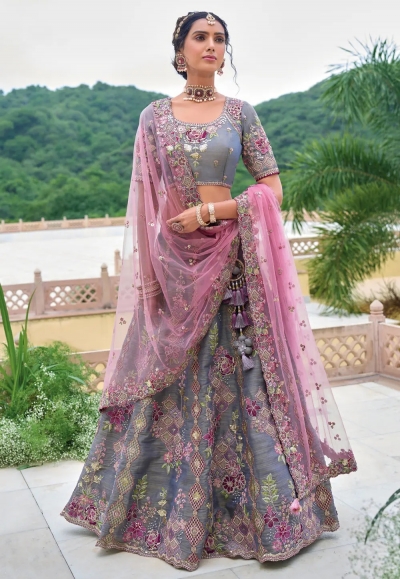 Grey silk circular lehenga choli 7102