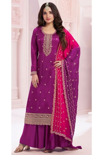 Vichitra silk embroidered palazzo suit in Magenta colour 69453