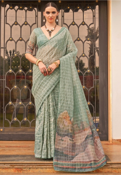 Sea green tissue silk digital print wedding saree with blouse 312