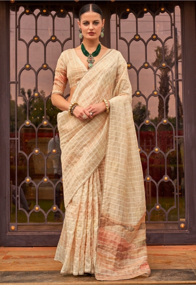 Cream tissue silk digital print wedding saree with blouse 314