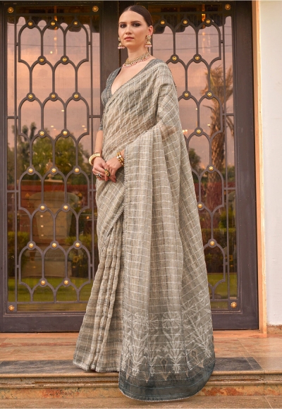 Light Grey tissue silk digital print wedding saree with blouse 317