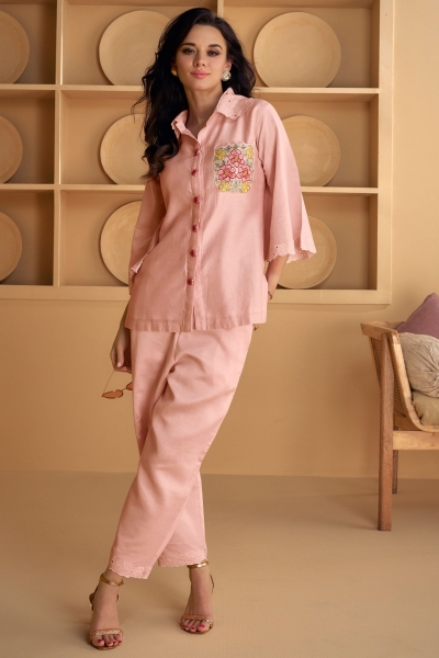 Indo western silk ready to wear coord set in Peach colour 5565