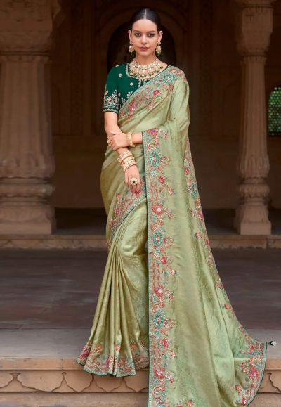 Pista green silk saree with blouse 1004