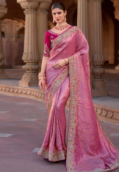 Pink silk saree with blouse 1006