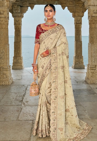 Cream banarasi saree 7701