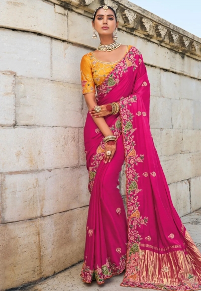 Magenta satin saree with blouse 7702